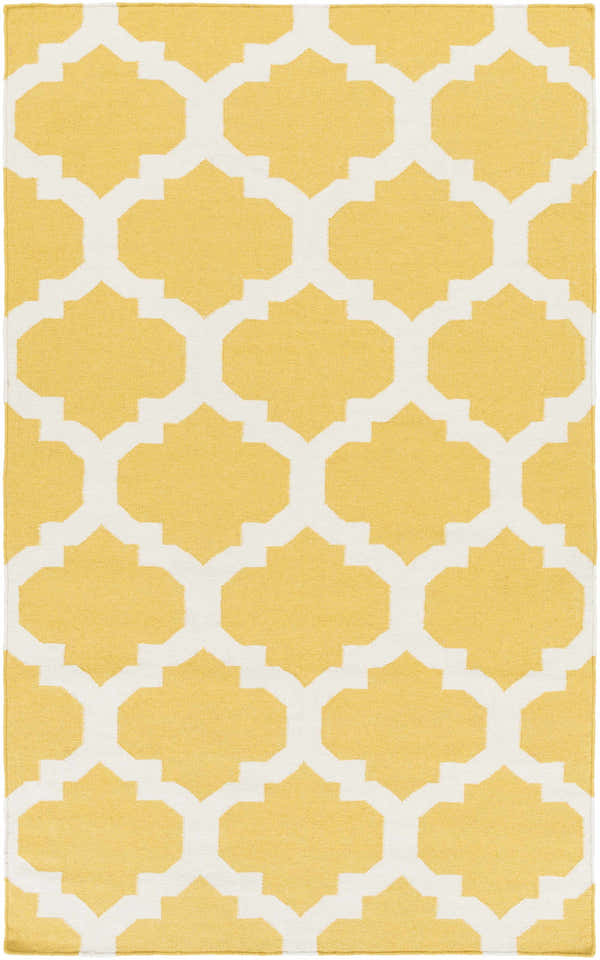 Close-up of the Youngtown Area Carpet. Hand-woven wool rug in mustard yellow and ivory with a geometric trellis pattern. Design-Rectangle-58