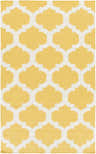 Close-up of the Youngtown Area Carpet. Hand-woven wool rug in mustard yellow and ivory with a geometric trellis pattern. Design-Rectangle-58