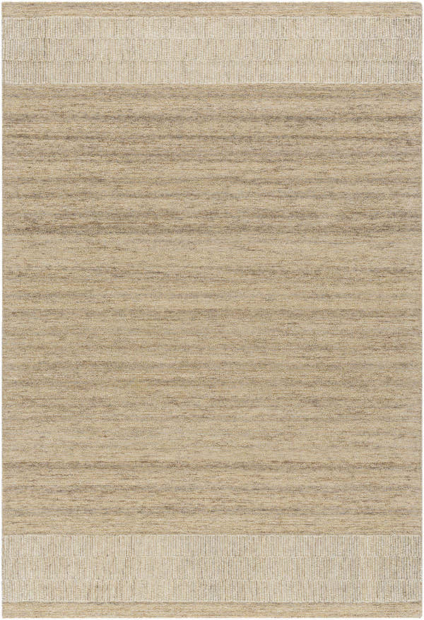 Close-up of the hand-tufted Yosef Area Rug. Prairie dust, tan, and warm gray tones create a farmhouse, transitional style. Design-Rectangle-576