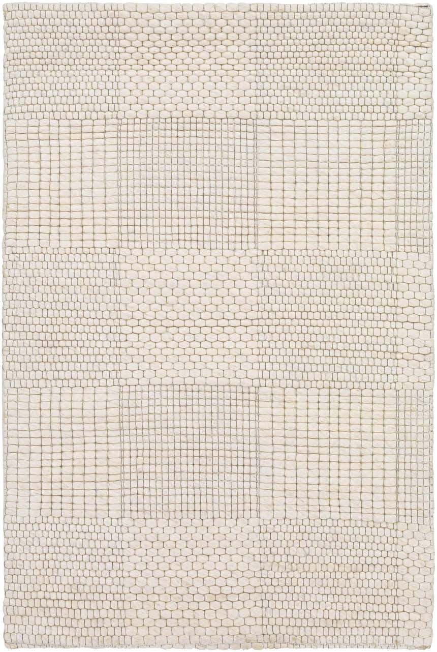 Close-up of the hand woven Yarrabilba Area Rug; off-white wool with a contemporary grid and textured pattern. Design-Rectangle-23