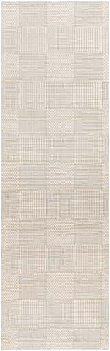 Close-up of the hand woven Yarrabilba Area Rug. Off white rug features a contemporary geometric pattern and textured weave. Design-Runner-268