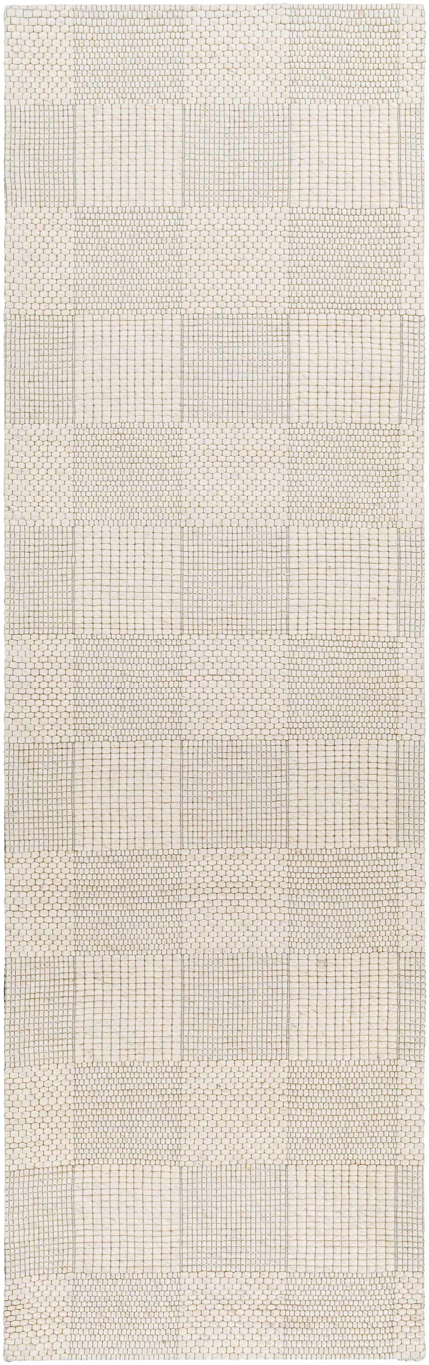 Close-up of the hand woven Yarrabilba Area Rug. Off white rug features a contemporary geometric pattern and textured weave. Design-Runner-268