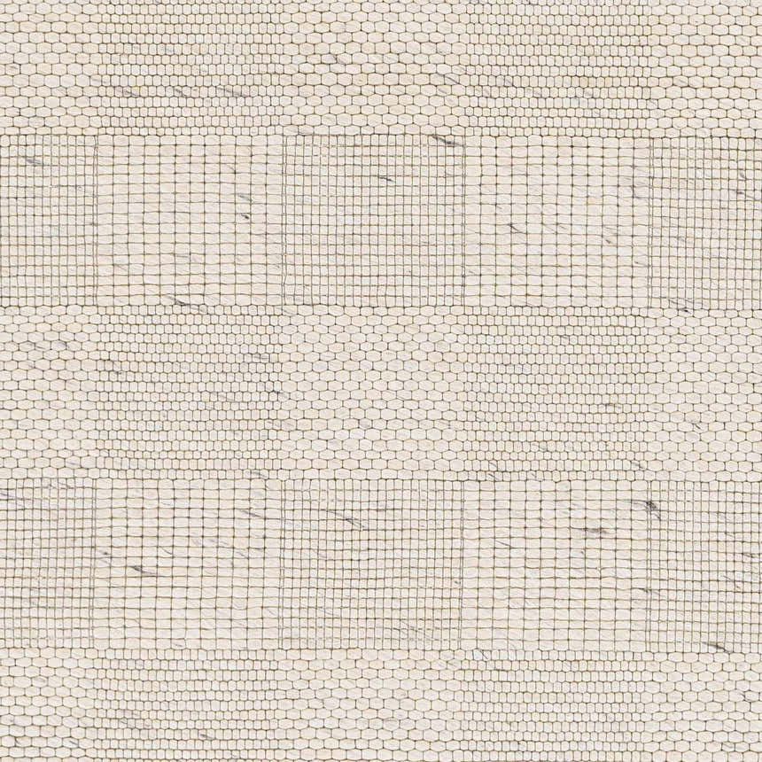 Close-up of the hand woven Yarrabilba Area Rug. Features off white and charcoal colors with a unique grid pattern. Swatch