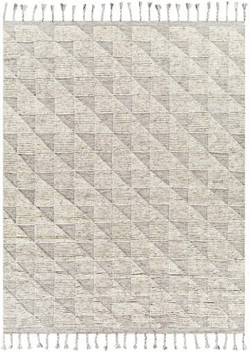 Close-up of the Yarravel Area Rug. Hand-knotted 100% wool rug with a geometric triangle and square pattern in charcoal, ivory, and gray. Design-Rectangle-810