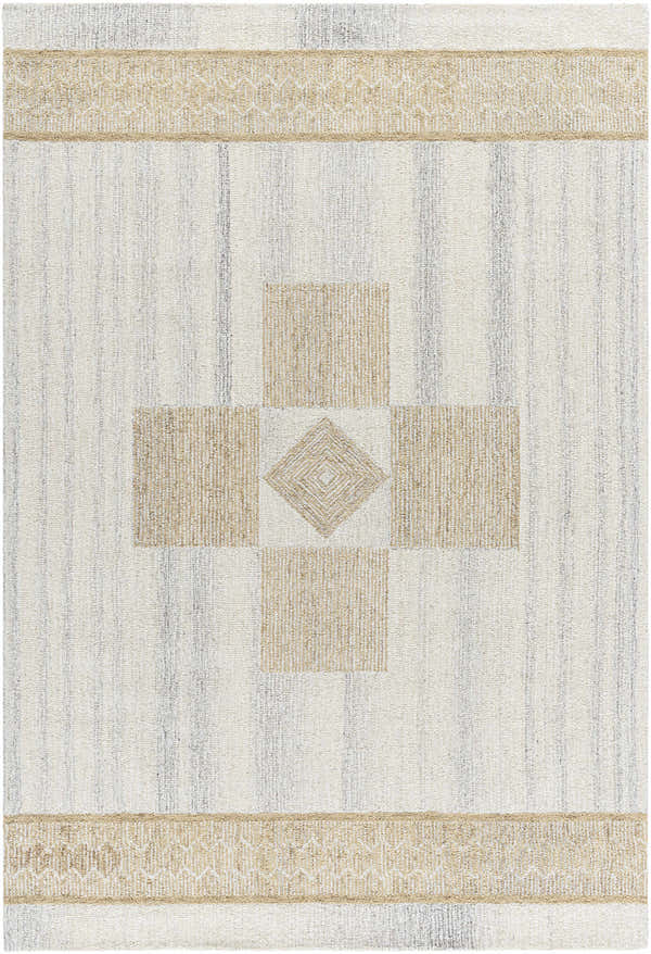 Close-up of the Yagil Area Rug. Hand-tufted wool rug with ash, light silver, and silver gray colors in a farmhouse style. Design-Rectangle-576