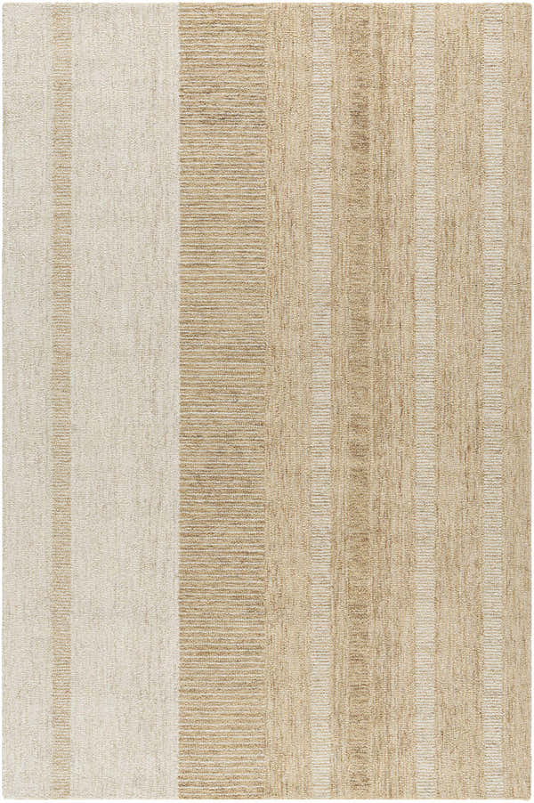 Close-up of the hand-tufted Yoyko Area Rug. Neutral ash, pearl, prairie dust, and tan stripes. 100% wool texture. Design-Rectangle-576