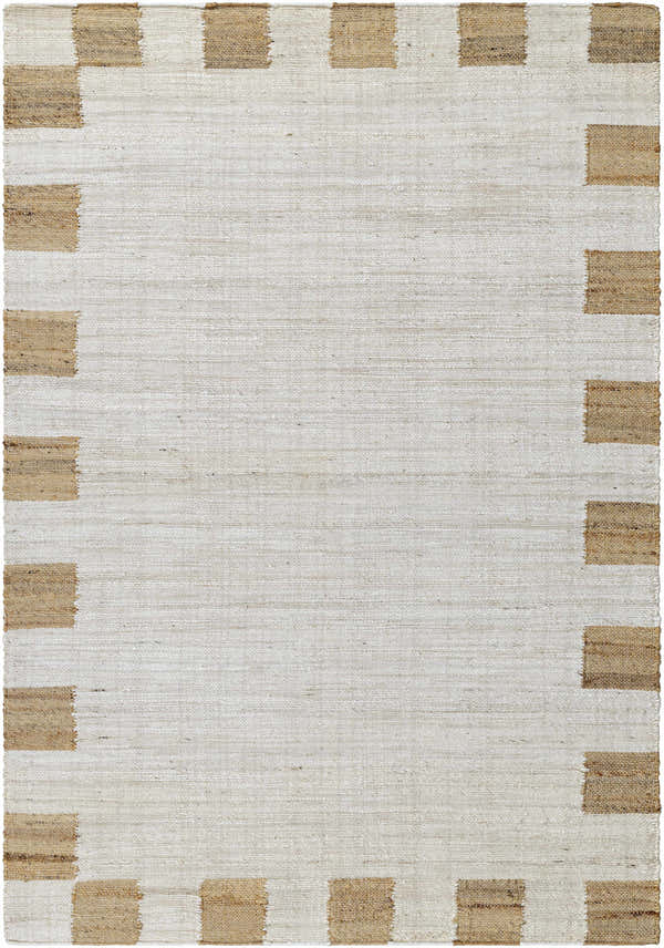 Close-up of the Yuval Dotted Bordered Jute Carpet. Cream rug with a charcoal jute dotted border, hand woven texture. Design-Rectangle-576
