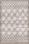 Close-up of the hand woven Yuta Area Rug. Gray and brown diamond and chevron pattern on a light gray background. Design-Rectangle-576