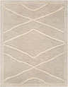 Close-up of the Yutu Area Rug, a hand-knotted wool rug with a geometric diamond pattern in beige, charcoal, and cream. Design-Rectangle-810