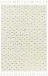 Hand woven Yuuna Area Rug. Pearl and white wool rug with tassel fringe and small black abstract spots. Design-Rectangle-576