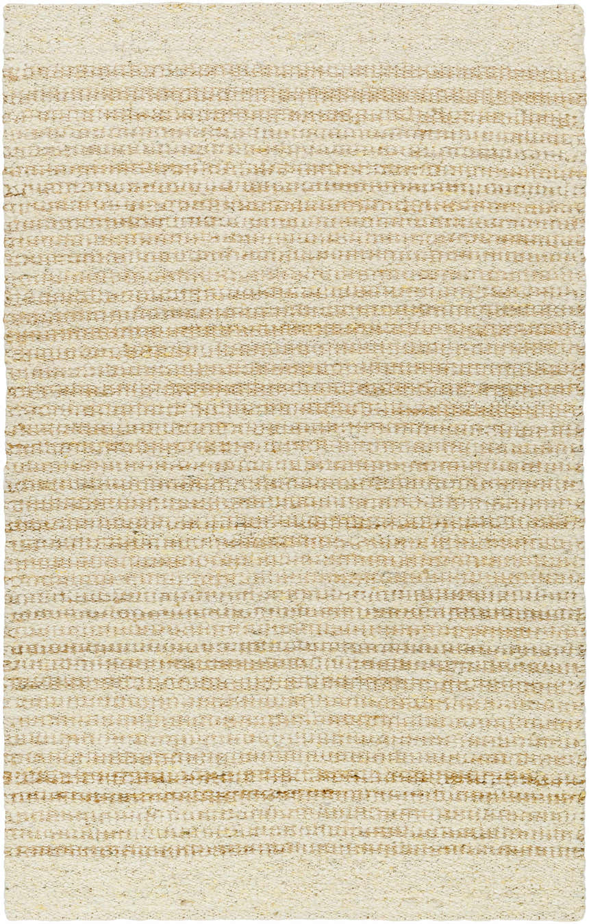 Close-up of the hand woven Yaron Area Rug. Jute and wool rug in pearl and tan horizontal stripes. Design-Rectangle-576