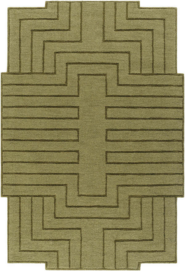 Close-up of the Yavor Green Geometric Area Rug. Moss and prairie dust hues form a modern, geometric design. Design-Rectangle-576