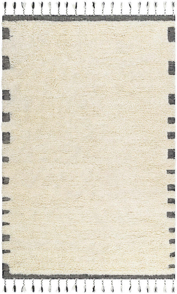 Close-up of the pearl Yamin Area Rug. Hand-woven wool rug with black striped border and tassels. Farmhouse style. Design-Rectangle-576