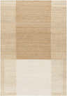 Close-up of the hand woven Yasen Area Rug. Desert Tan, Pearl, and Prairie Dust wool rug with a contemporary block pattern. Design-Rectangle-576
