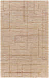 Close-up of the Zana Area Rug. Hand-woven jute and polyester rug in brown, tan, burgundy, and off-white with a geometric pattern. Design-Rectangle-576