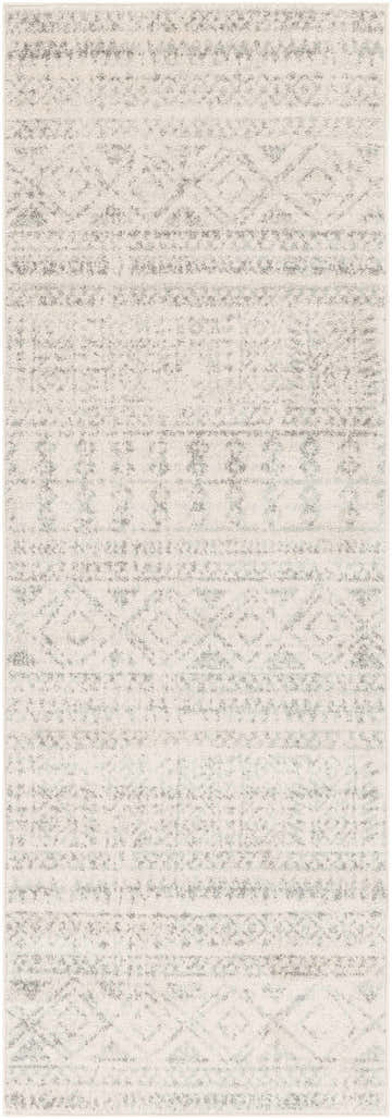 Close-up of the Zarephath Area Rug; a gray, light gray, and white bohemian-style rug with a subtle geometric pattern. Design-Runner-2776