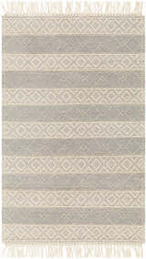 Close-up of Zaza Wool Rug in bone and cloud gray. Hand-woven rug with geometric pattern and tassels. Design-Rectangle-58