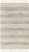 Close-up of Zaza Wool Rug in bone and cloud gray. Hand-woven rug with geometric pattern and tassels. Design-Rectangle-58