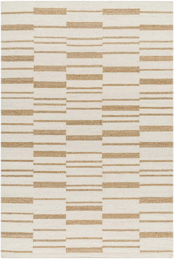 Close-up of the Zofia Area Rug; a hand-woven, rectangular wool rug with a camel and pearl geometric stripe pattern. Design-Rectangle-576