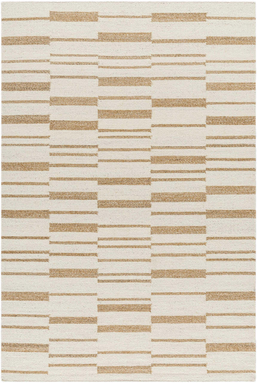 Close-up of the Zofia Area Rug; a hand-woven, rectangular wool rug with a camel and pearl geometric stripe pattern. Design-Rectangle-576