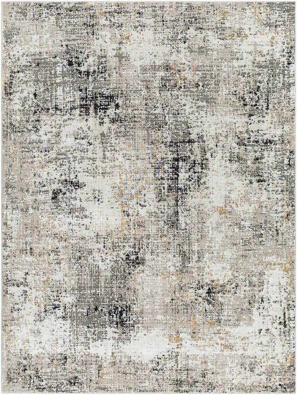 Close-up of the Zasha Area Rug. Southwestern style with charcoal, ivory, mustard, peach, and tan colors. Machine woven polyester. Design-Rectangle-537
