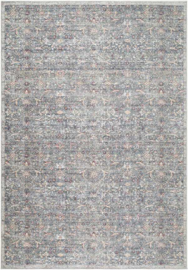 Close-up of the Zilya Area Rug. Machine woven rug with dark brown, green, peach, rust, sage, and white traditional pattern. Design-Rectangle
