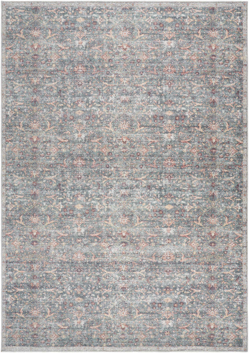 Close-up of the Zilya Area Rug. Machine-woven rug in dark brown, green, peach, rust, sage, and white. Traditional style. Design-Rectangle-69