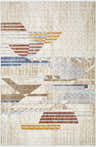 Close-up of the Zanna Area Rug. Contemporary design with burnt orange, dark red, gray, ice blue, and white geometric shapes. Design-Rectangle-57