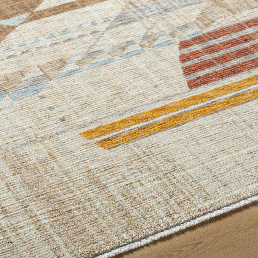 Close-up of the Zanna Area Rug, a contemporary design with burnt orange, dark red, gray, ice blue, and white colors. Texture