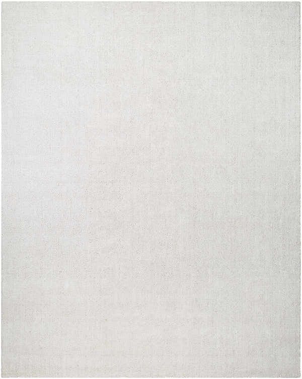 Close-up of the hand-loomed Zareh Off White Solid Area Rug, showcasing its light silver color and subtle texture. Design-Rectangle-810