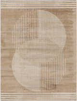 Close-up of Zeke Area Rug with a bone and brown geometric design featuring circles and stripes. Contemporary style. Design-Rectangle-537