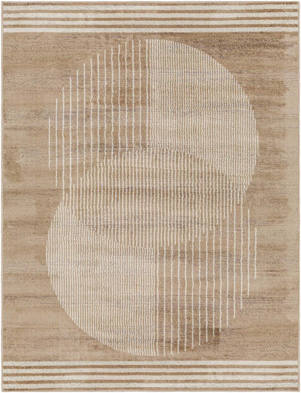Close-up of Zeke Area Rug with a bone and brown geometric design featuring circles and stripes. Contemporary style. Design-Rectangle-537