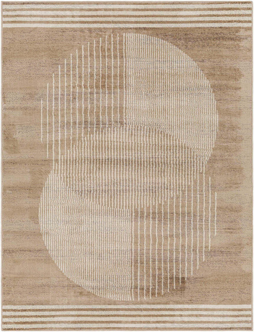 Close-up of Zeke Area Rug with a bone and brown geometric design featuring circles and stripes. Contemporary style. Design-Rectangle-537