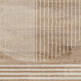 Close-up of the Zeke Area Rug, showcasing a contemporary geometric pattern in bone, mocha, and brown hues. Swatch