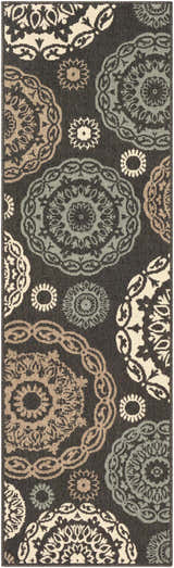 Close-up of Zephyrhills Area Rug. Beige, black, brown, sage floral medallions on dark gray olefin. Contemporary, farmhouse style. Design-Runner-2379