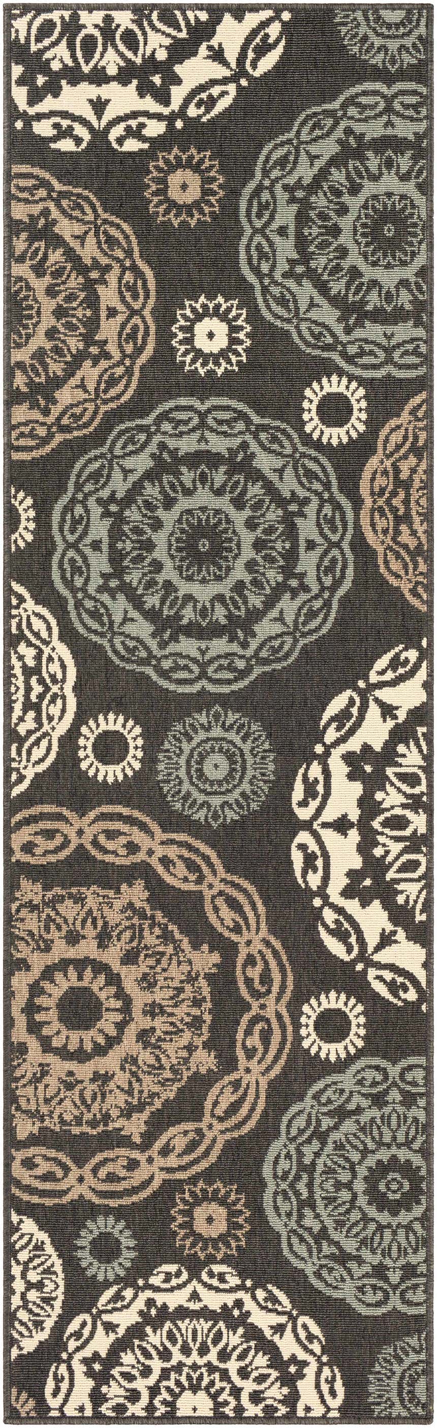 Close-up of Zephyrhills Area Rug. Beige, black, brown, sage floral medallions on dark gray olefin. Contemporary, farmhouse style. Design-Runner-2379