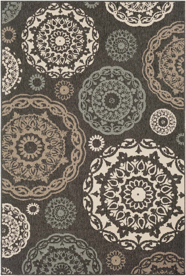 Close-up of Zephyrhills Area Rug. Beige, black, brown, dark red, and sage floral medallions on a charcoal background. Design-Rectangle-5376