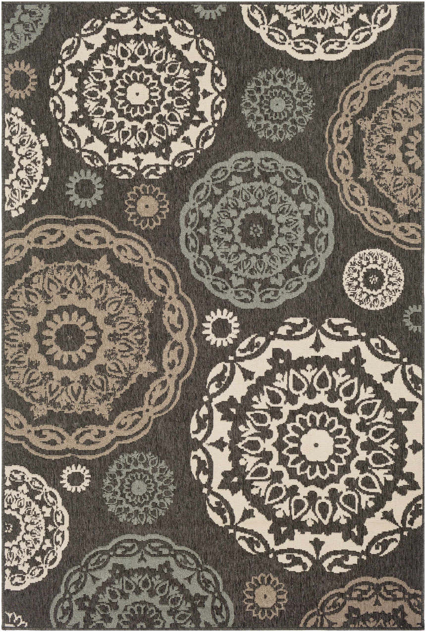 Close-up of Zephyrhills Area Rug. Beige, black, brown, dark red, and sage floral medallions on a charcoal background. Design-Rectangle-5376