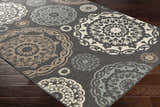 Close-up of Zephyrhills Area Rug showing beige, black, brown, dark red, and sage floral medallion pattern. Corner
