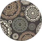 Zephyrhills round area rug, clearance. Close-up of beige, black, brown, and sage floral medallion pattern. Design-Round-73
