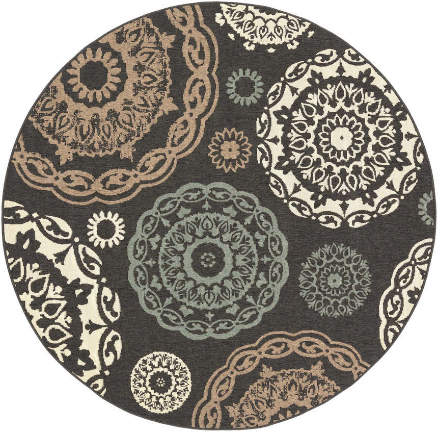 Zephyrhills round area rug, clearance. Close-up of beige, black, brown, and sage floral medallion pattern. Design-Round-73