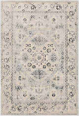 Zephyr Area Rug, a machine-woven runner with a traditional black, charcoal, and taupe floral pattern. Design-Rectangle-5373