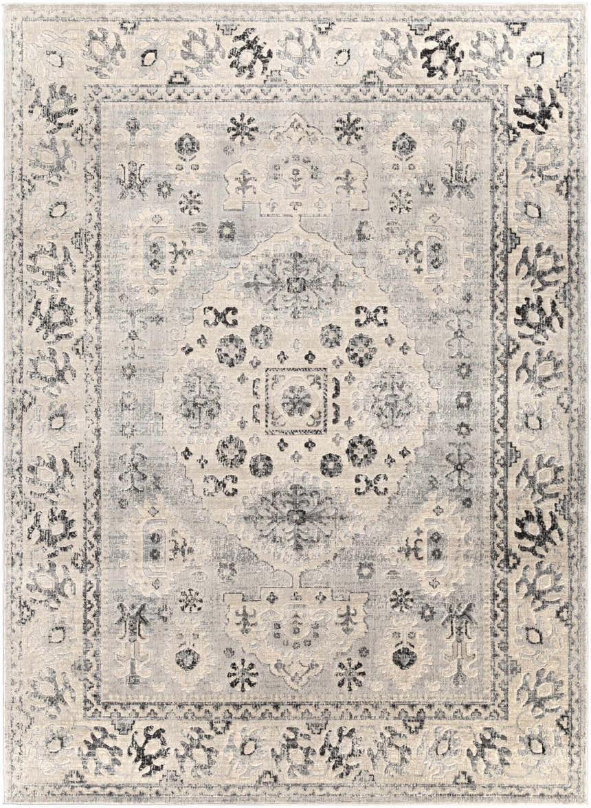 Zephyr Area Rug, a traditional style rug in black, charcoal, light slate, peach, and taupe. Machine woven pattern. Design-Rectangle-710103