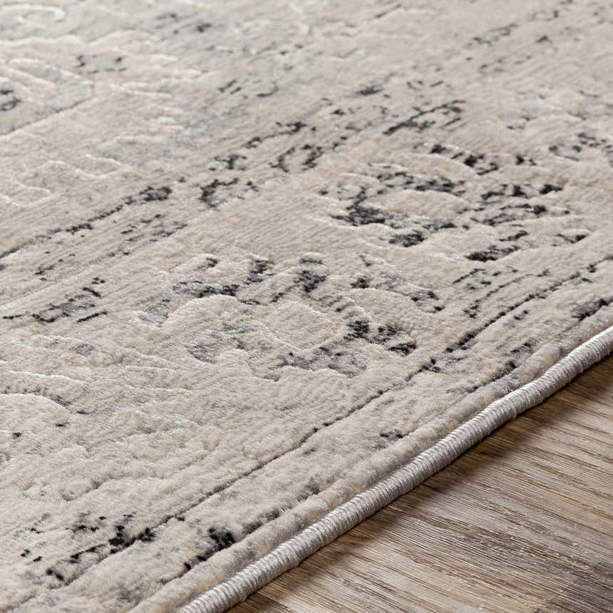 Close-up of Zephyr Area Rug showing a traditional design in taupe with black and charcoal accents. Machine woven texture. Texture