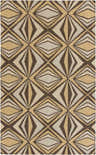 Close-up of Zieglerville Area Carpet. Hand-woven wool rug with a geometric diamond pattern in dark brown, mustard, peach, tan, and wheat. Design-Rectangle-58
