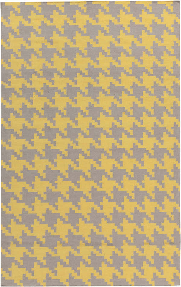 Close-up of Zimmerman Area Rug. Charcoal and mustard wool rug with a classic houndstooth pattern. Hand woven texture. Design-Rectangle-58