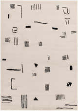 Close-up of the Zale Area Rug showing a bone color with a dark gray abstract geometric pattern. Design-Rectangle-57