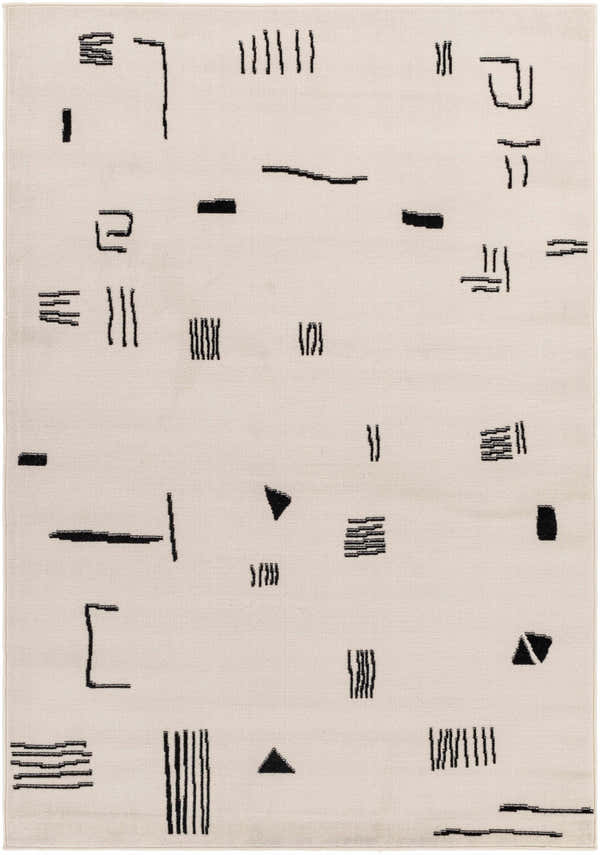 Close-up of the Zale Area Rug showing a bone color with a dark gray abstract geometric pattern. Design-Rectangle-57
