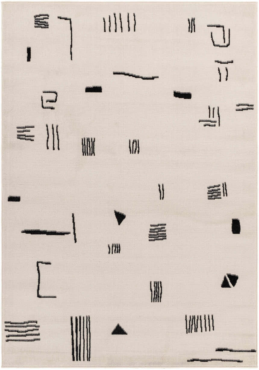 Close-up of the Zale Area Rug showing a bone color with a dark gray abstract geometric pattern. Design-Rectangle-57