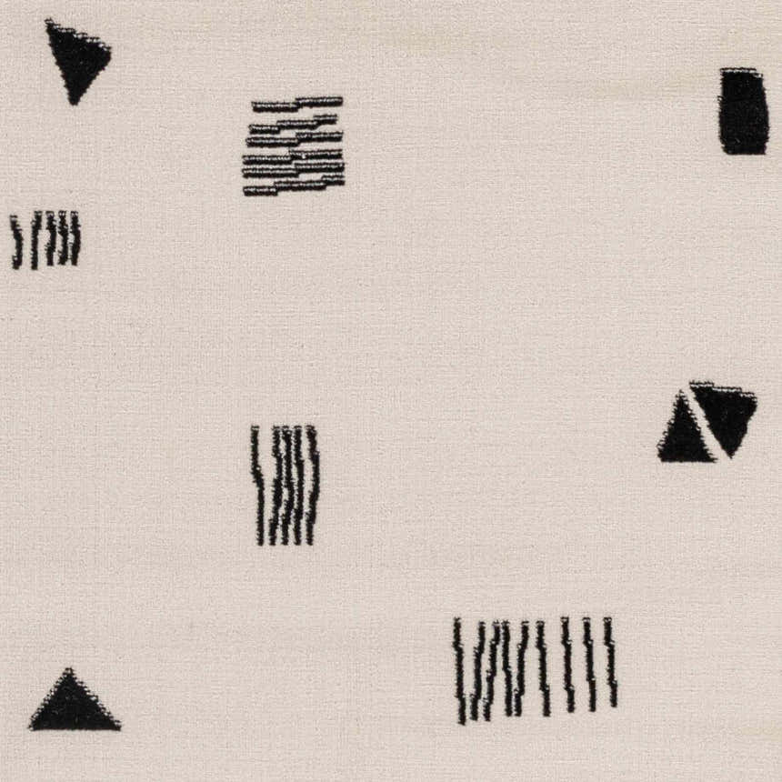 Close-up of Zale Area Rug with a bone background and dark gray abstract shapes: triangles and lines. Swatch